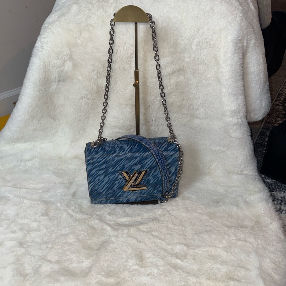 Louis Vuitton Blue Crossbody with Gold LV Logo and Silver Chain